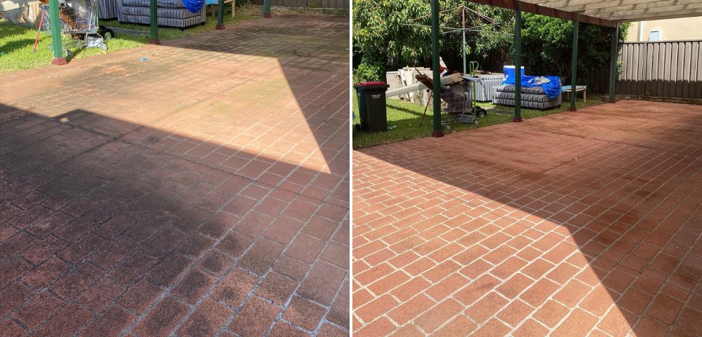 Brick patio pressure washing before and after cleaning results