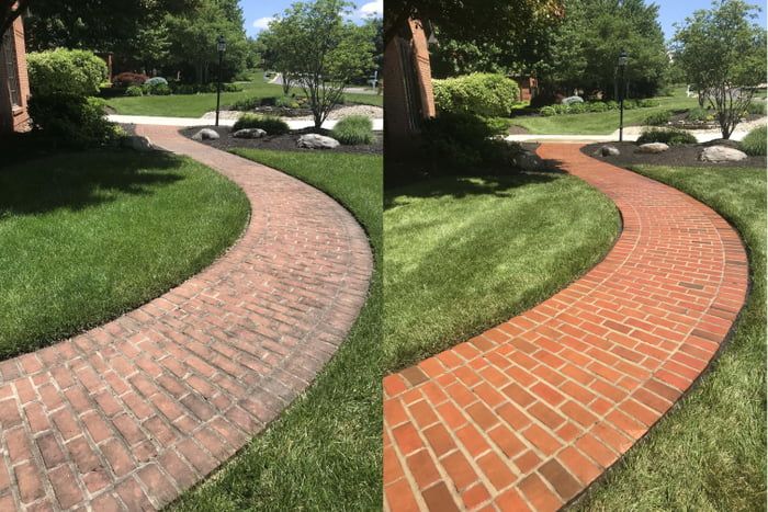Brick sidewalk pressure washing before and after cleaning