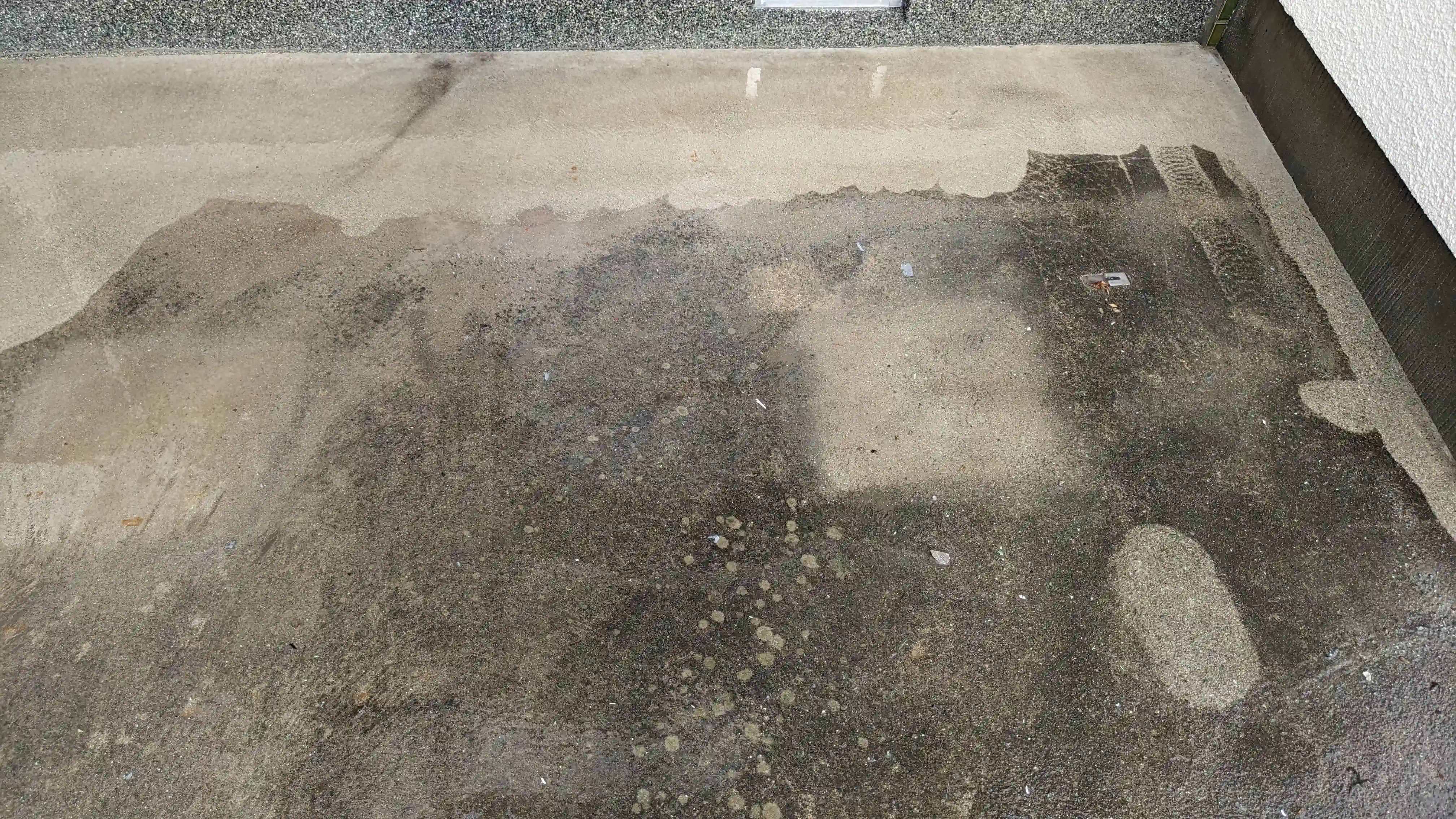 Concrete driveway with half cleaned pressure washing comparison at a Japanese house