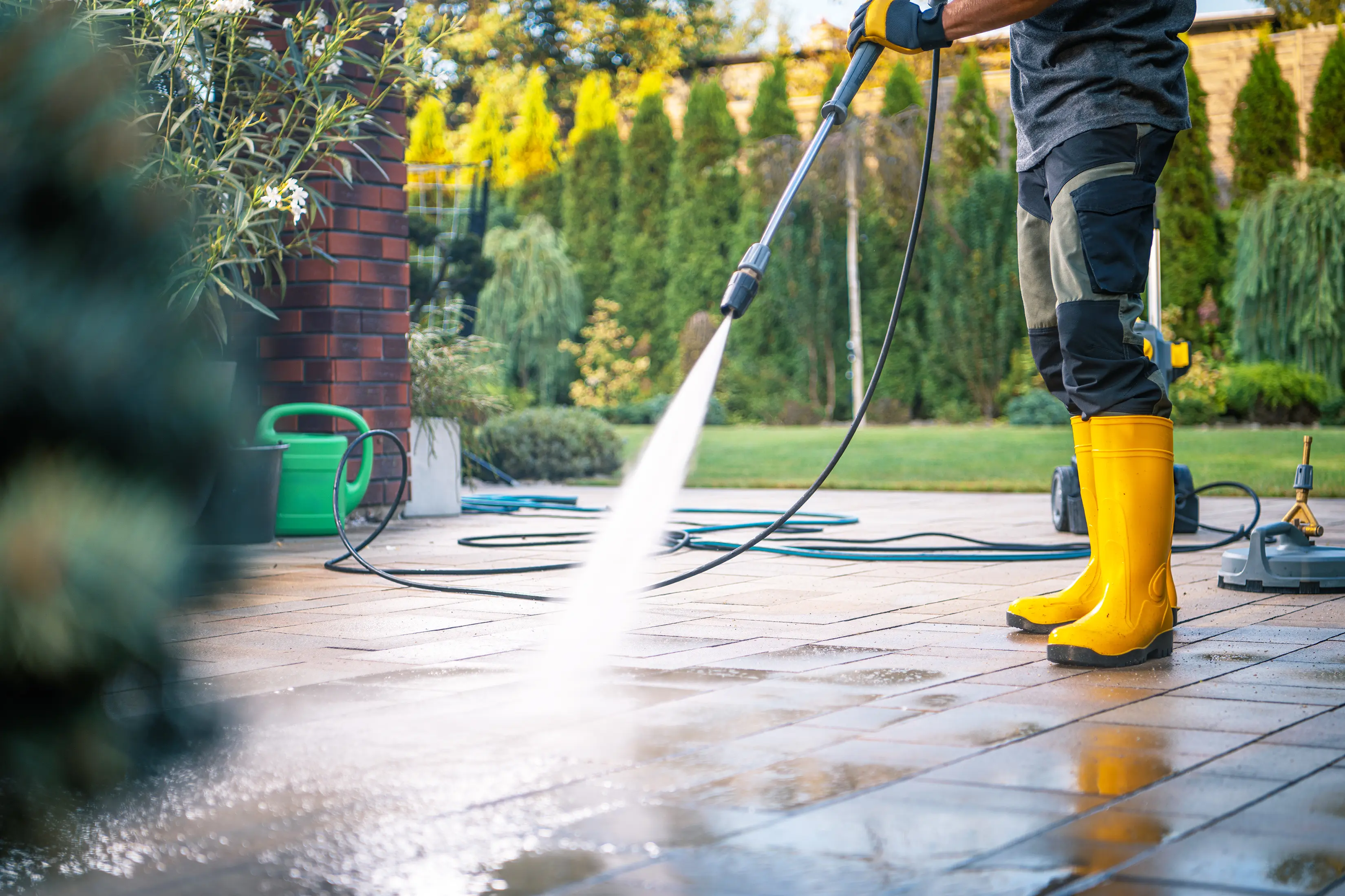 Tile patio pressure washing and rinsing during cleaning
