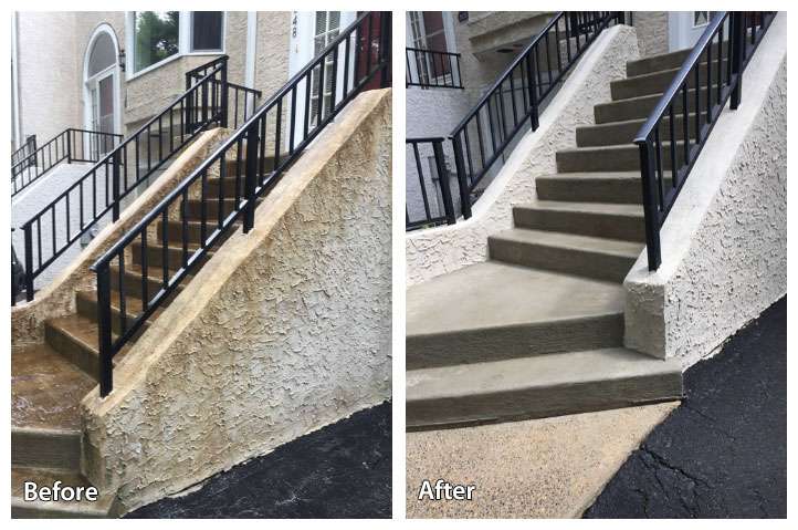 Concrete house stairs and railing before and after pressure washing