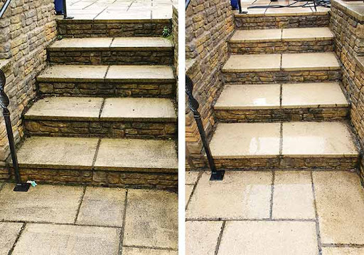 Tiled stair cleaning before and after pressure washing